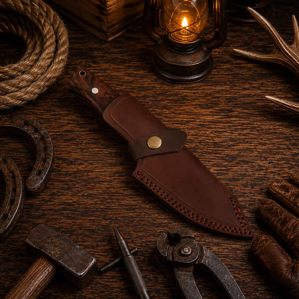 Walnut handle Damascus fixed blade hunting knife with brass guard