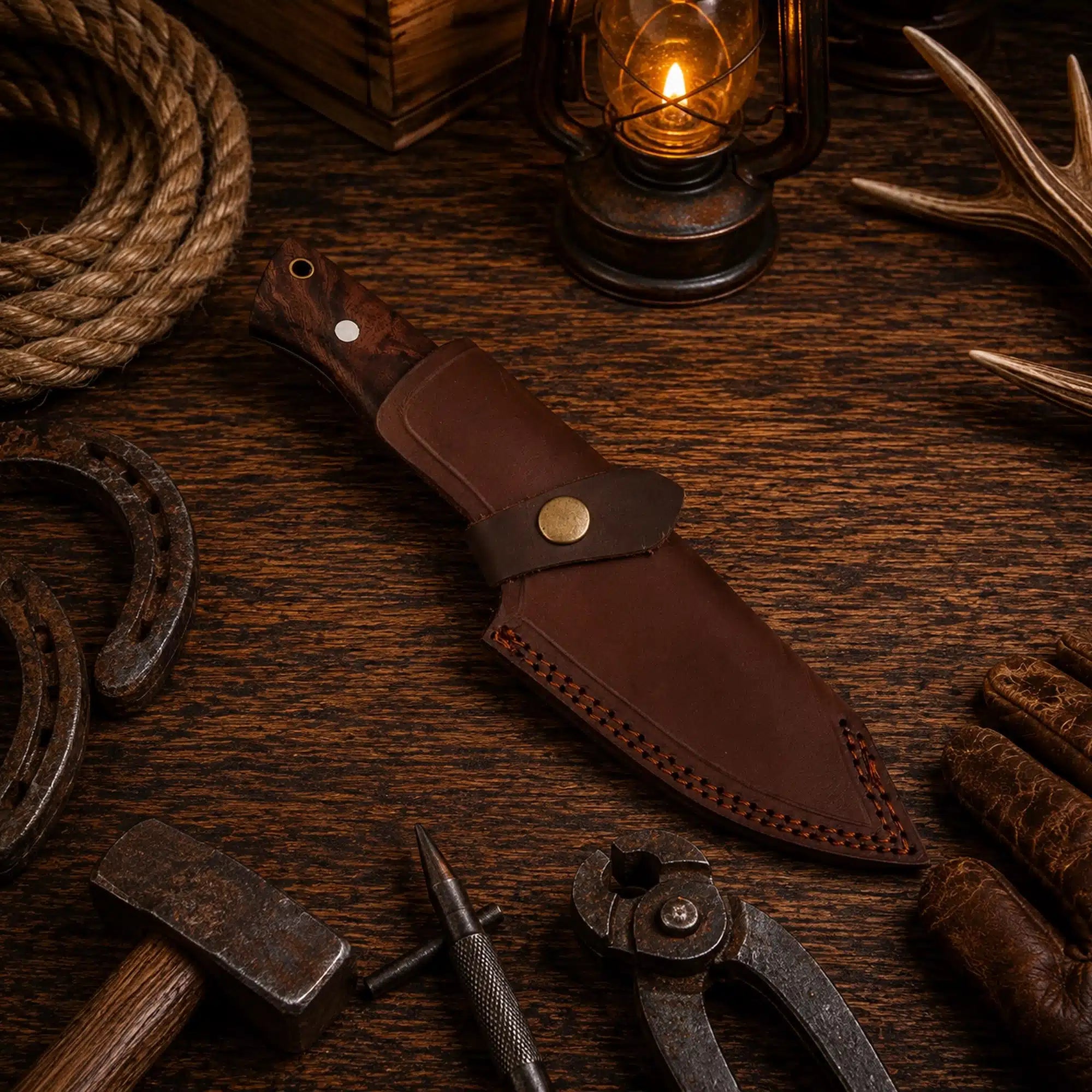 Walnut handle Damascus fixed blade hunting knife with brass guard