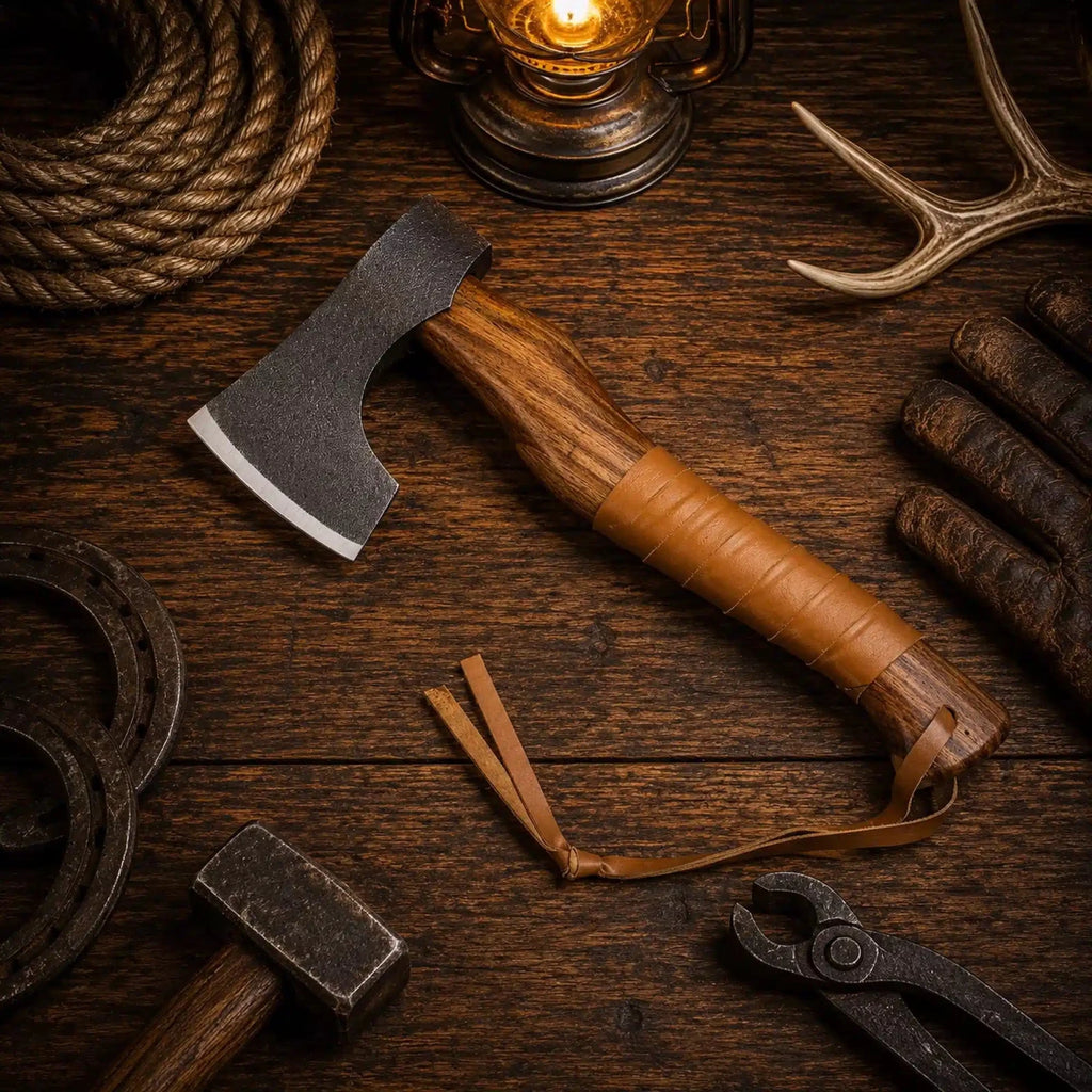 Handmade field tomahawk with leather wrapped walnut grip and belt sheath