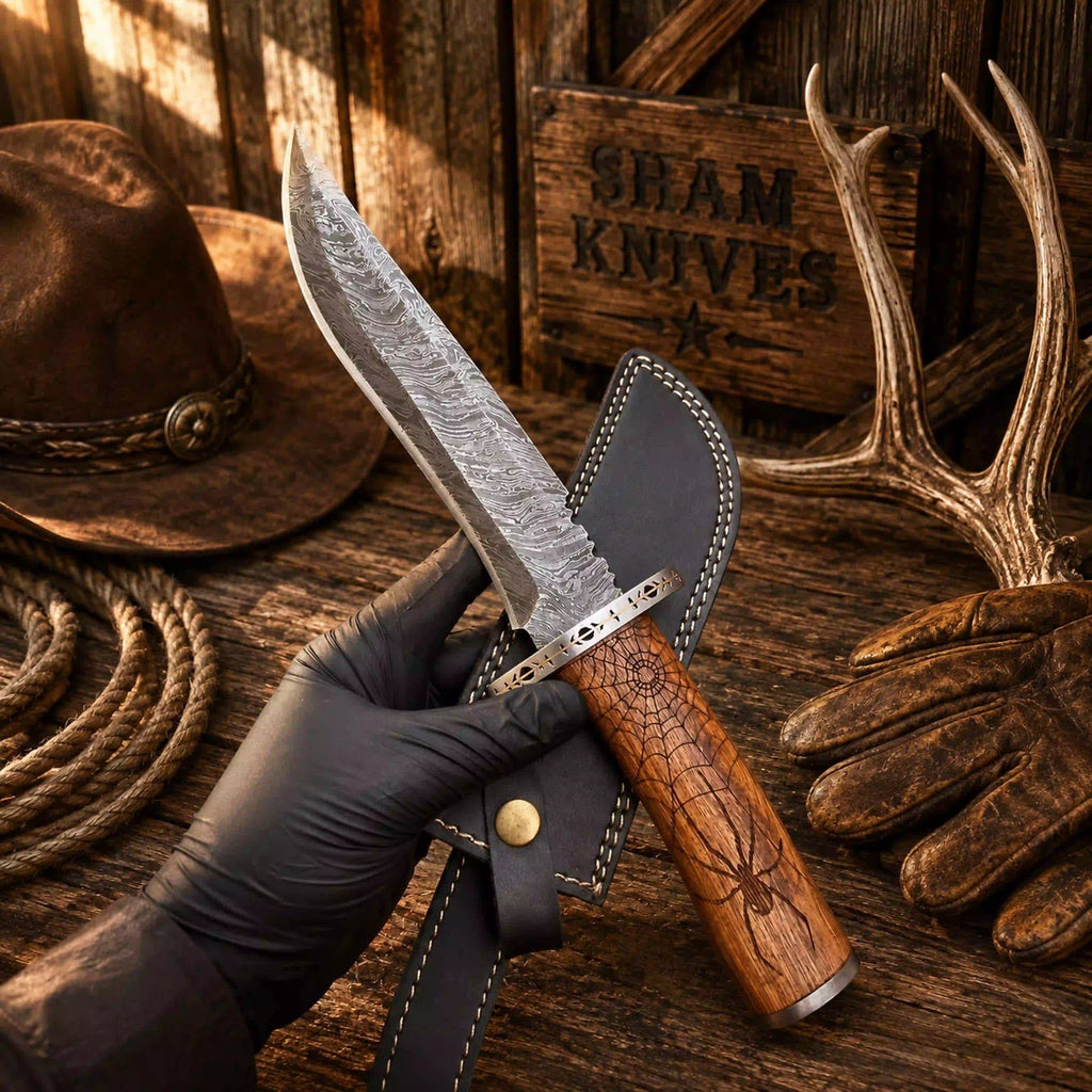 Web of Steel Bowie knife with Damascus blade and spider-engraved walnut handle
