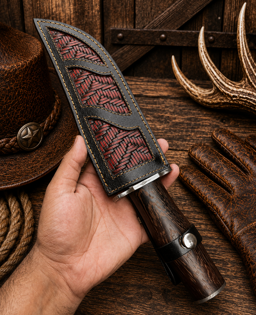 Trailing-point Damascus Bowie knife with decorative spine notches