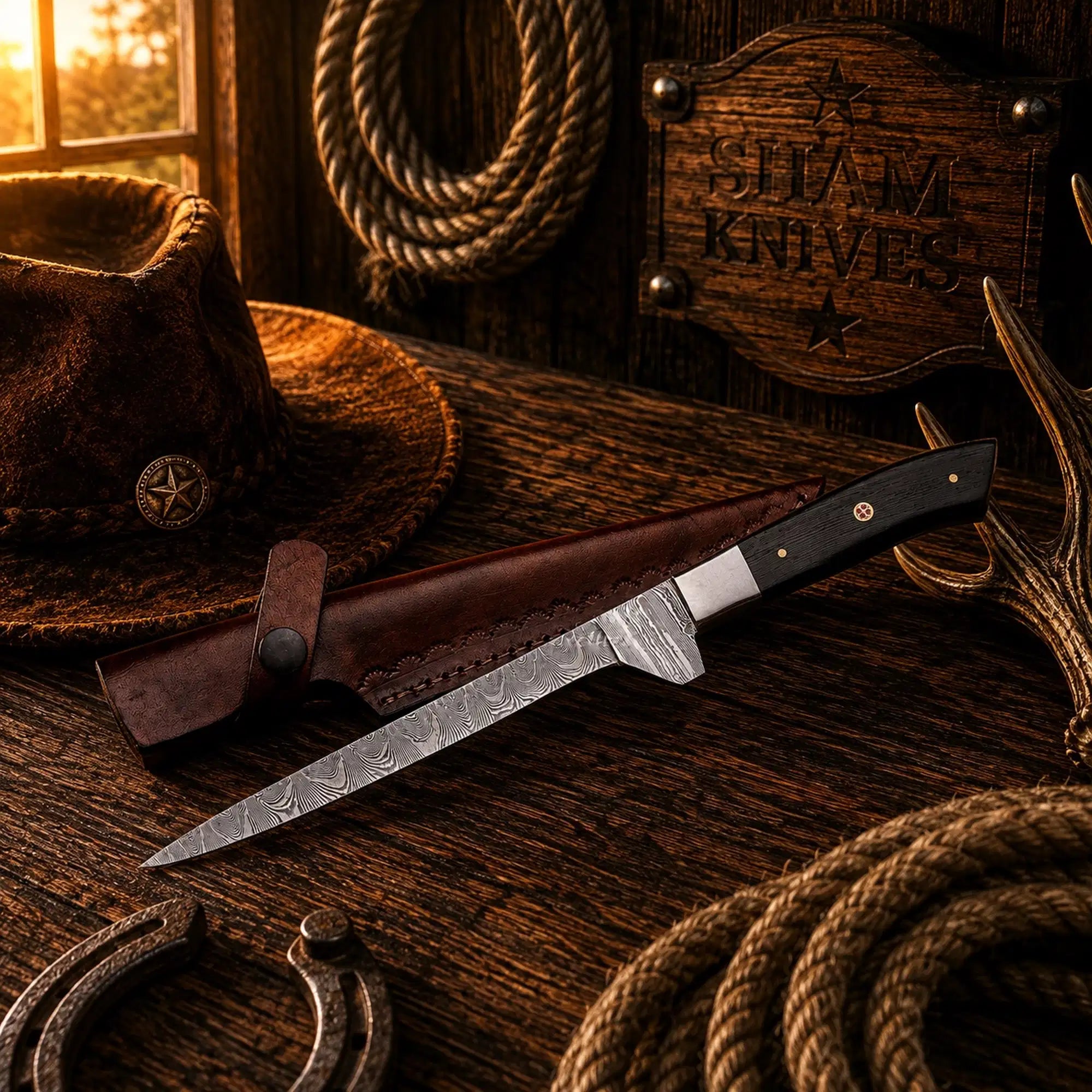 Wenge Wood Ridge Damascus boning and fillet knife with dark wood handle