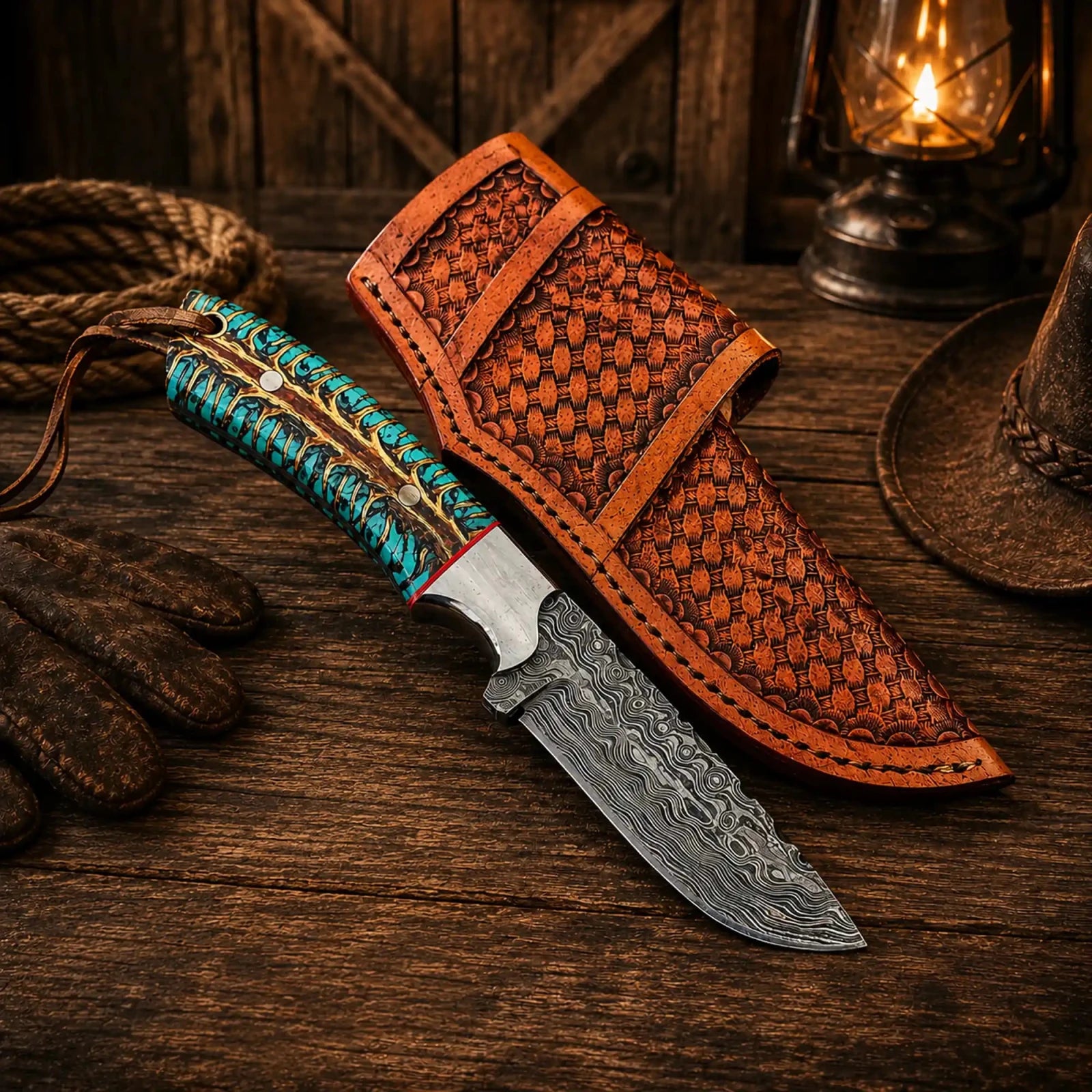 Western Belt Carry Knife – 4” Damascus Blade Pinecone Handle - SHAM KNIVESCowboy KnifeSHAM KNIVESWestern Damascus knife with pinecone resin handle and leather sheath with damascus blade