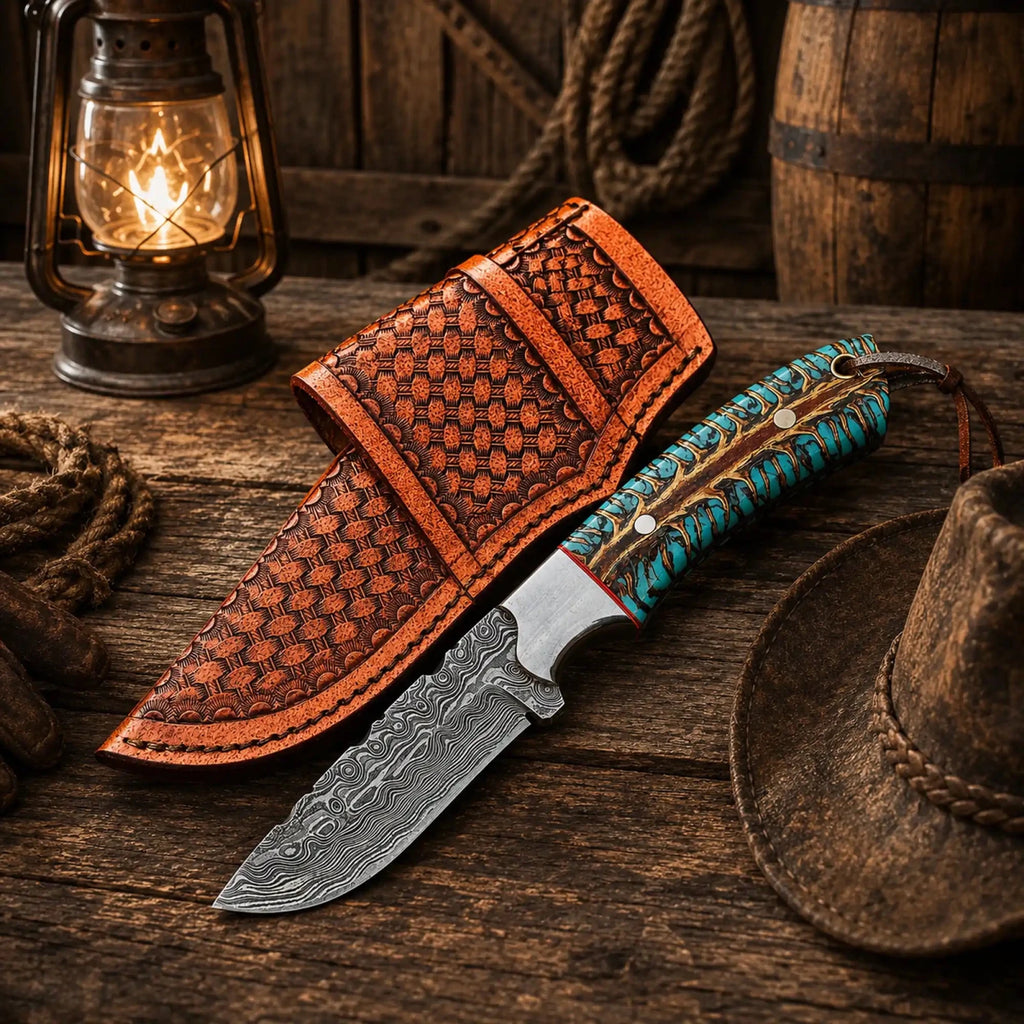 Western Belt Carry Knife – 4” Damascus Blade Pinecone Handle - SHAM KNIVESCowboy KnifeSHAM KNIVESHandmade western belt carry knife with 4-inch Damascus blade and pinecone handle