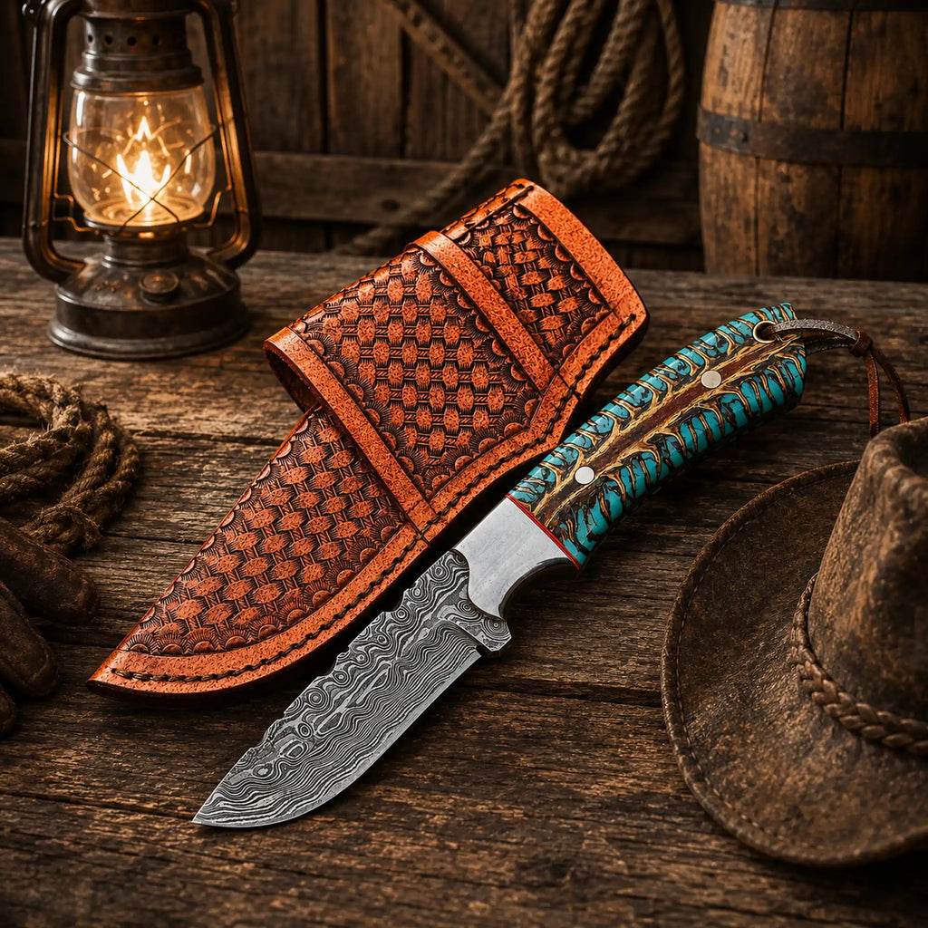 Handmade western belt carry knife with 4-inch Damascus blade and pinecone handle