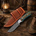 Handmade western belt carry knife with 4-inch Damascus blade and pinecone handle
