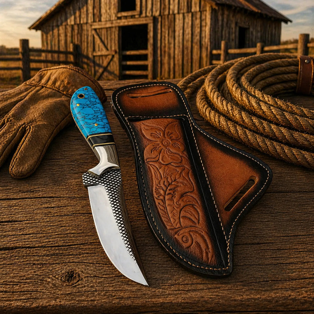 Western cowboy knife with custom leather belt sheath