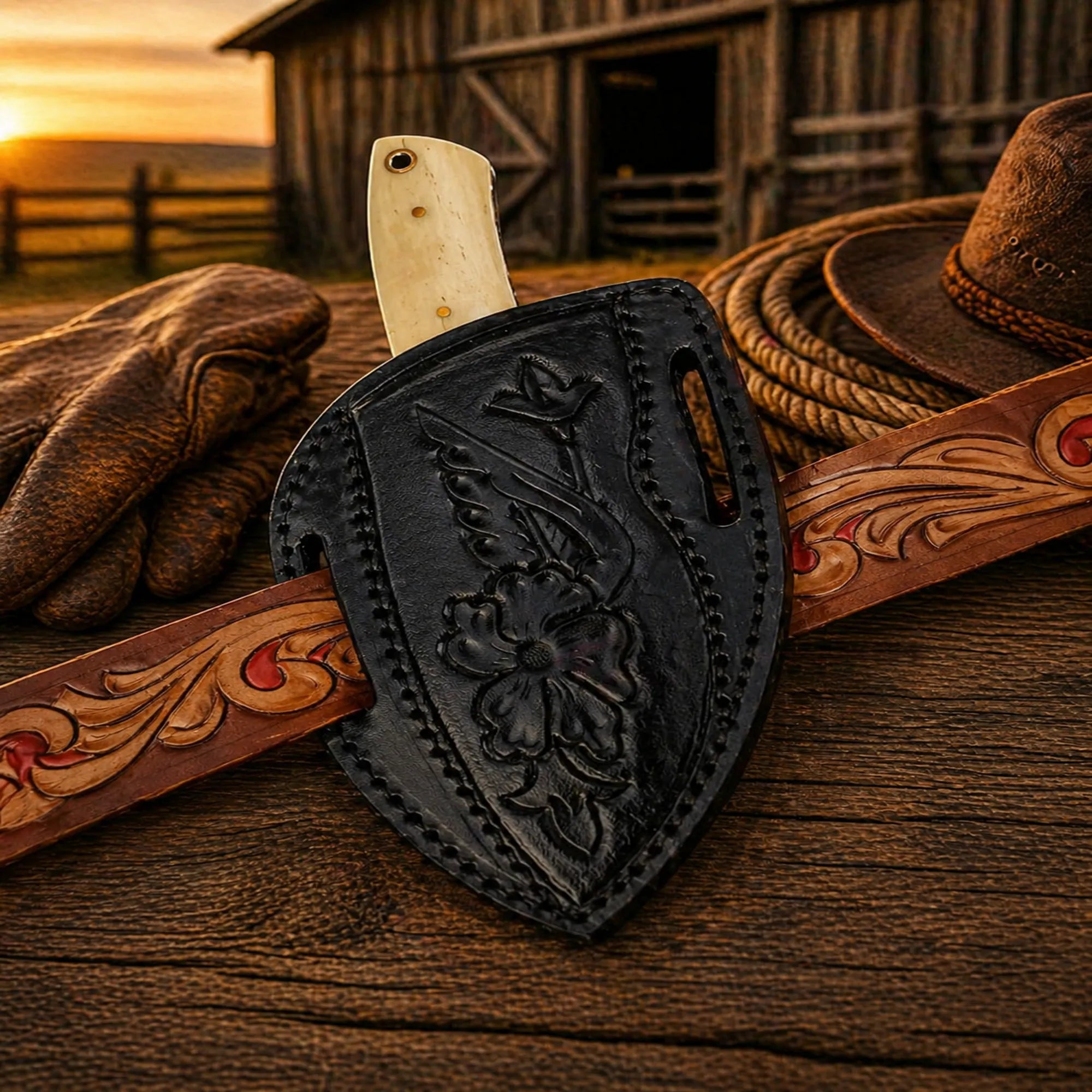 Western EDC knife with pancake style sheath and sharp blade