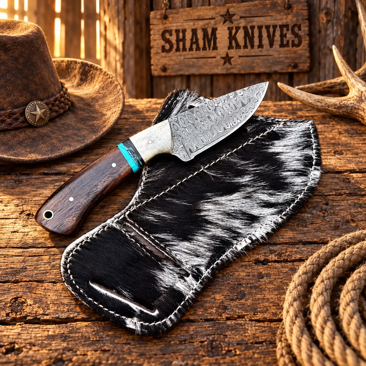 SHAM Knives Raindrop Damascus fixed-blade belt knife