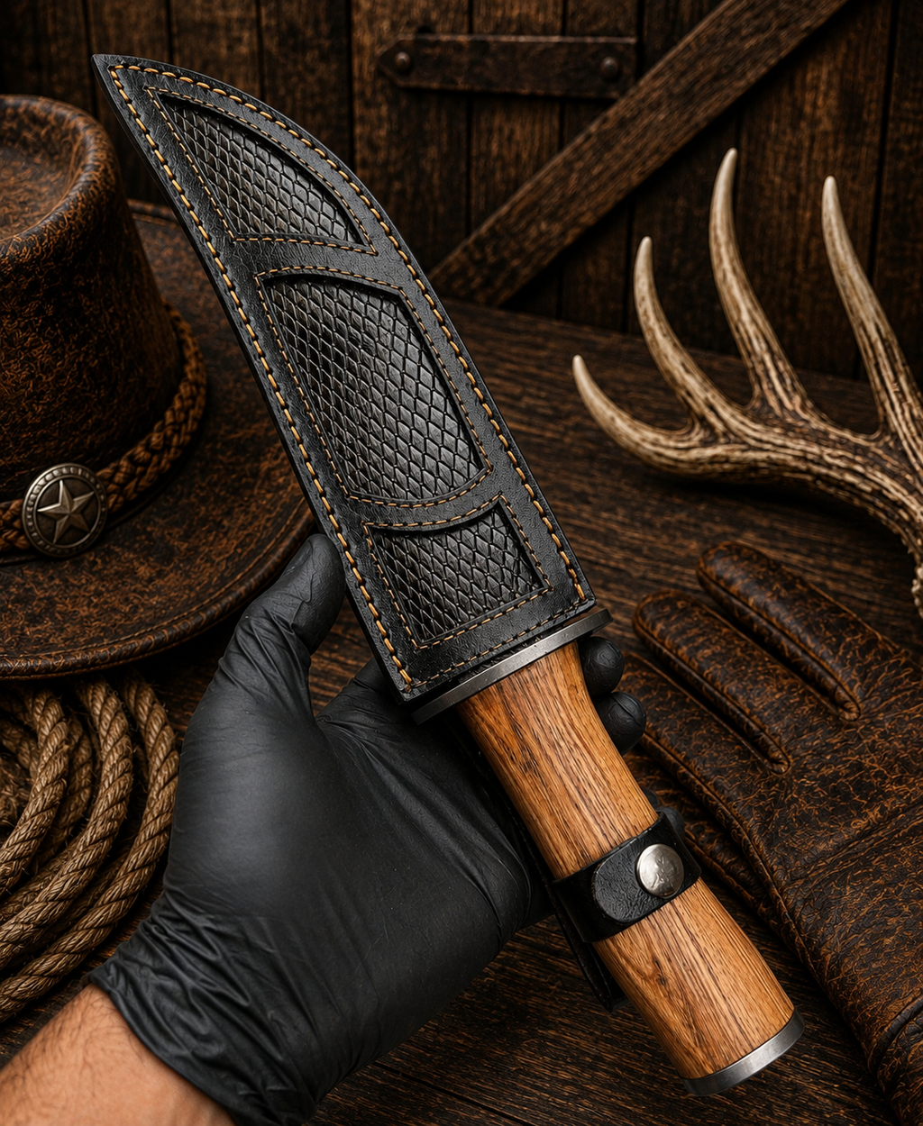 Handmade clip-point Damascus Bowie knife with natural wood handle