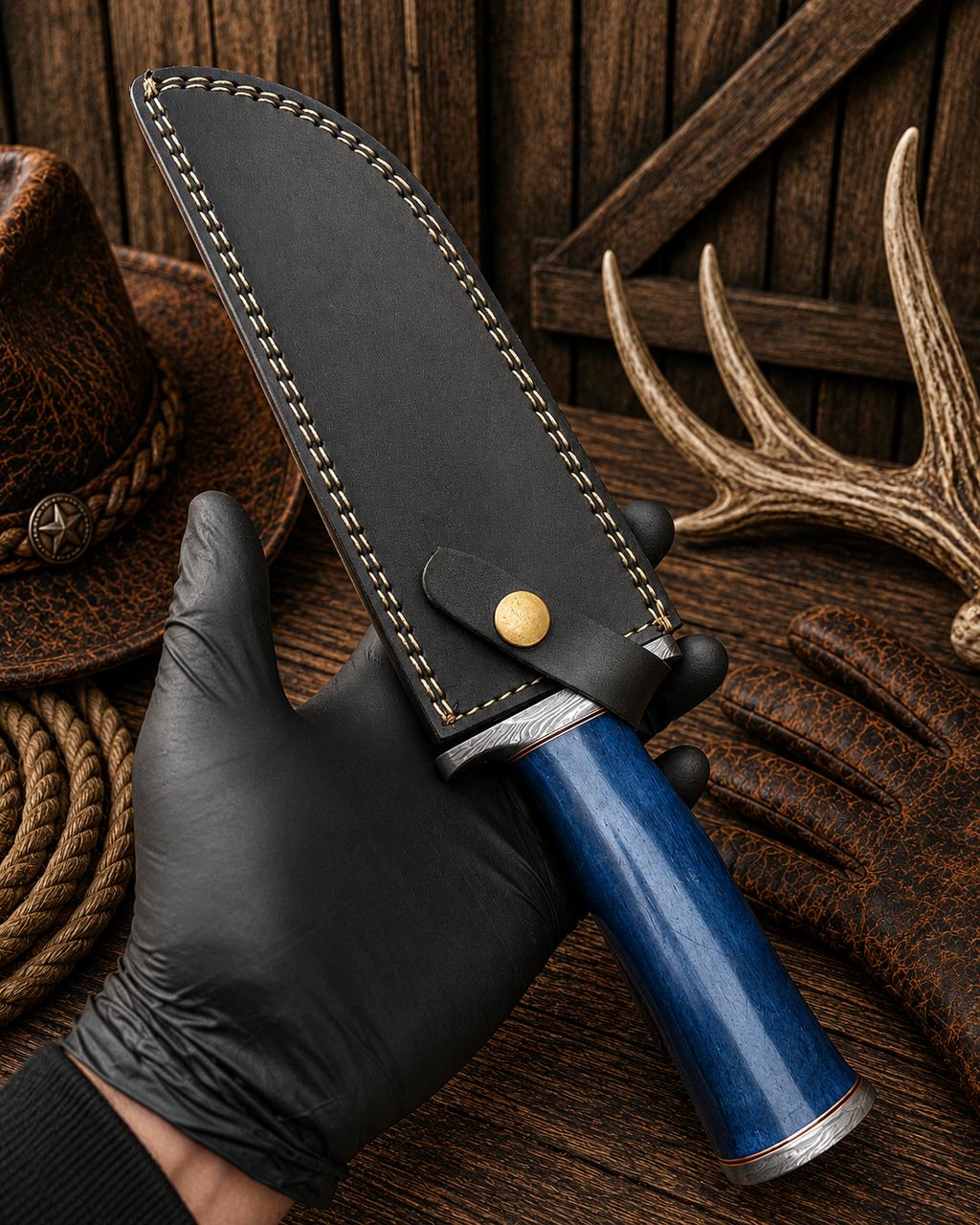 Blue bone handle Bowie with Damascus guard and matching pommel cap