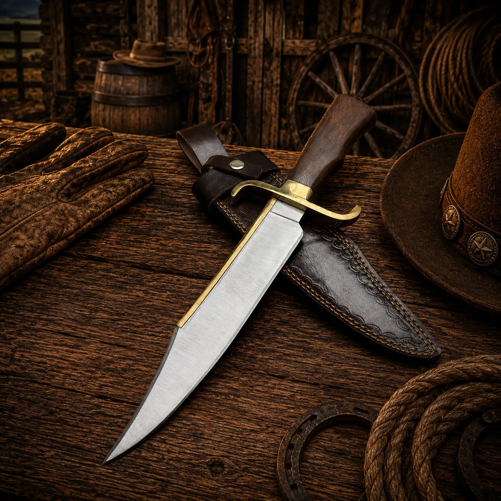 Premium D2 steel Bowie knife with brass guard and leather sheath
