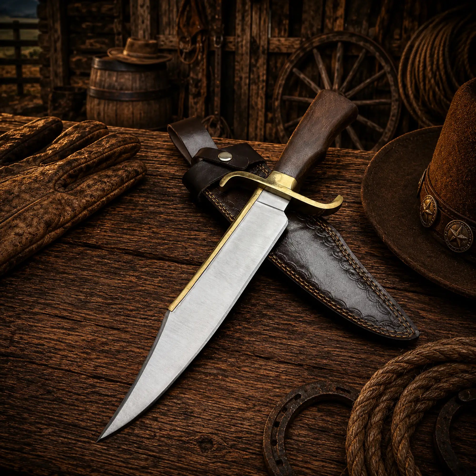 Premium D2 steel Bowie knife with brass guard and leather sheath