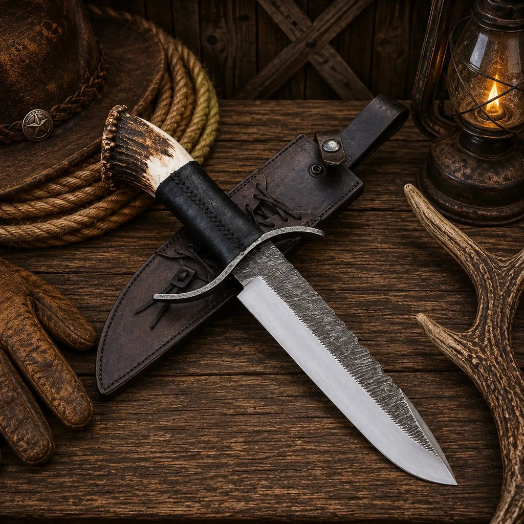 Handmade Bowie knife with black leather grip and stag crown pommel