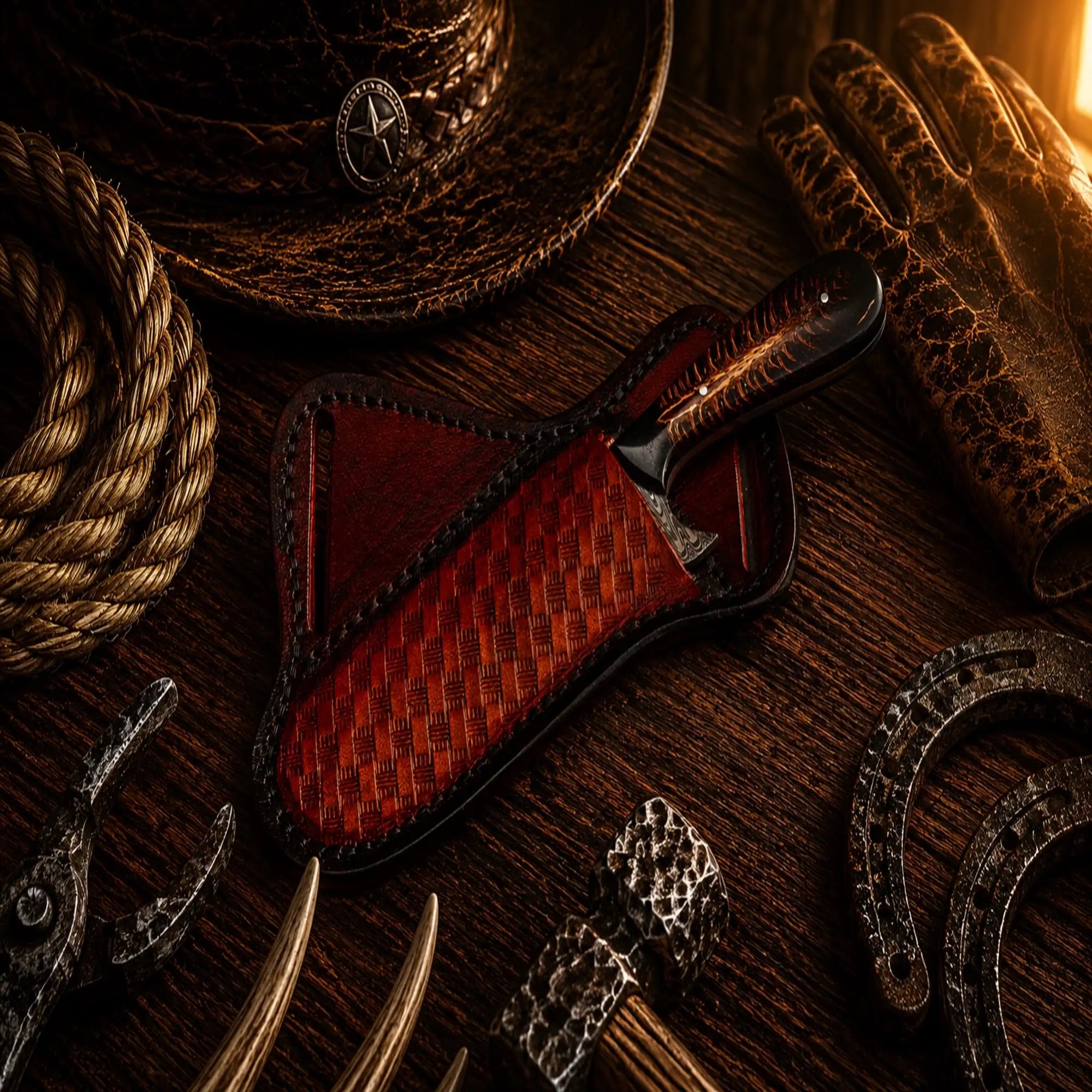 Western bull cutter knife with cross draw leather sheath.