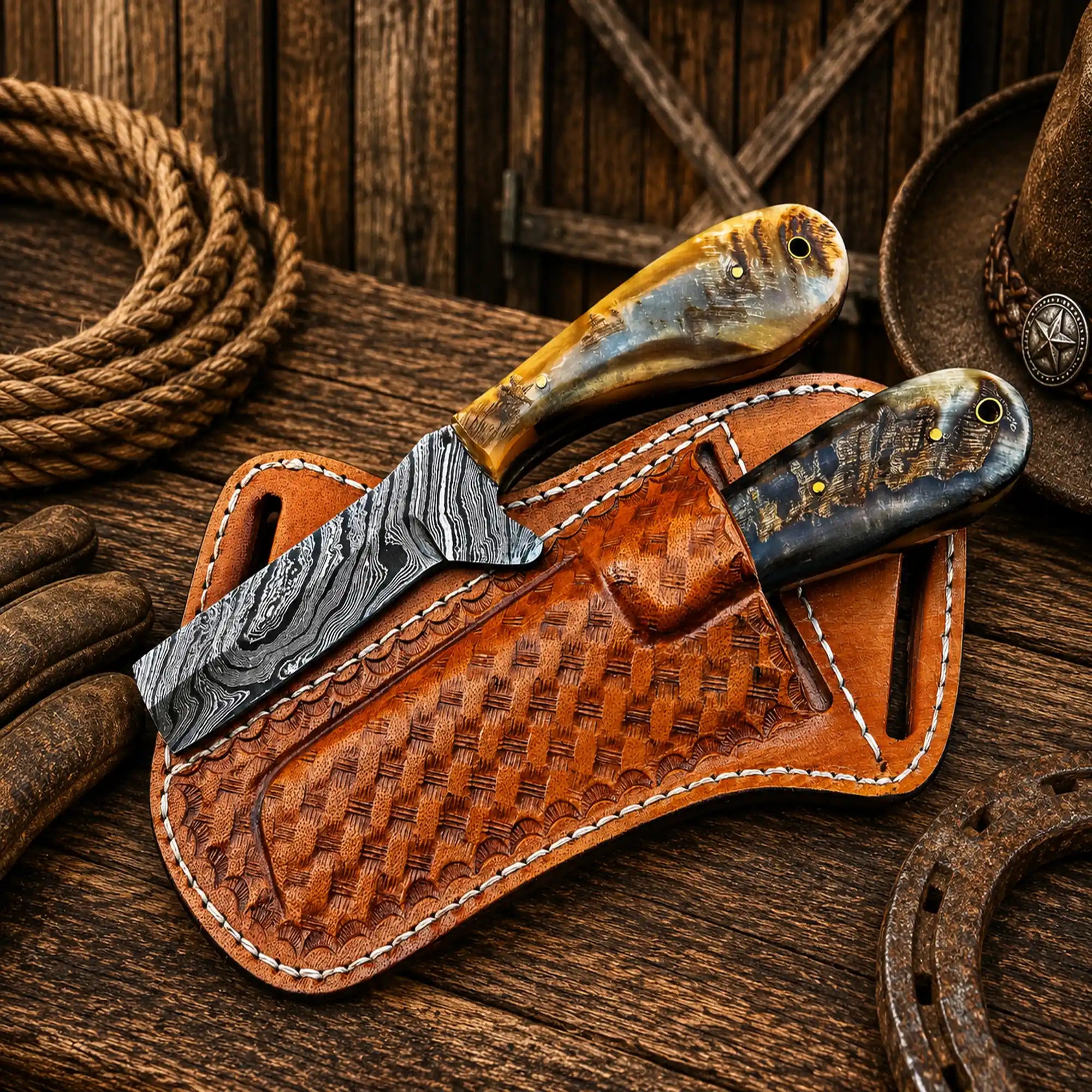 Cowboy skinning knife collection featuring Damascus steel and Western leather sheaths.