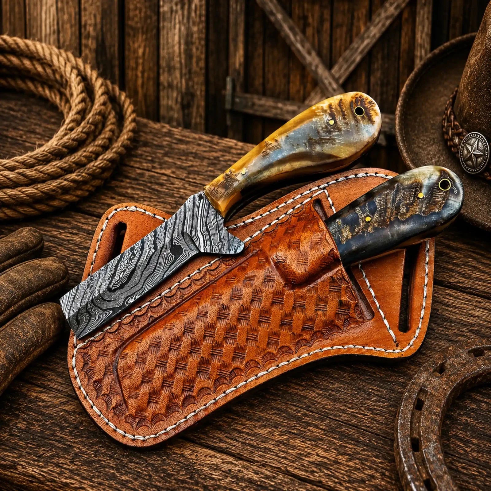 Western Cattleman Bull Cutter Knife Set – Handmade Damascus Skinning & Ranch Blades - SHAM KNIVESCowboy KnifeSHAM KNIVESCowboy skinning knife collection featuring Damascus steel and Western leather sheaths.