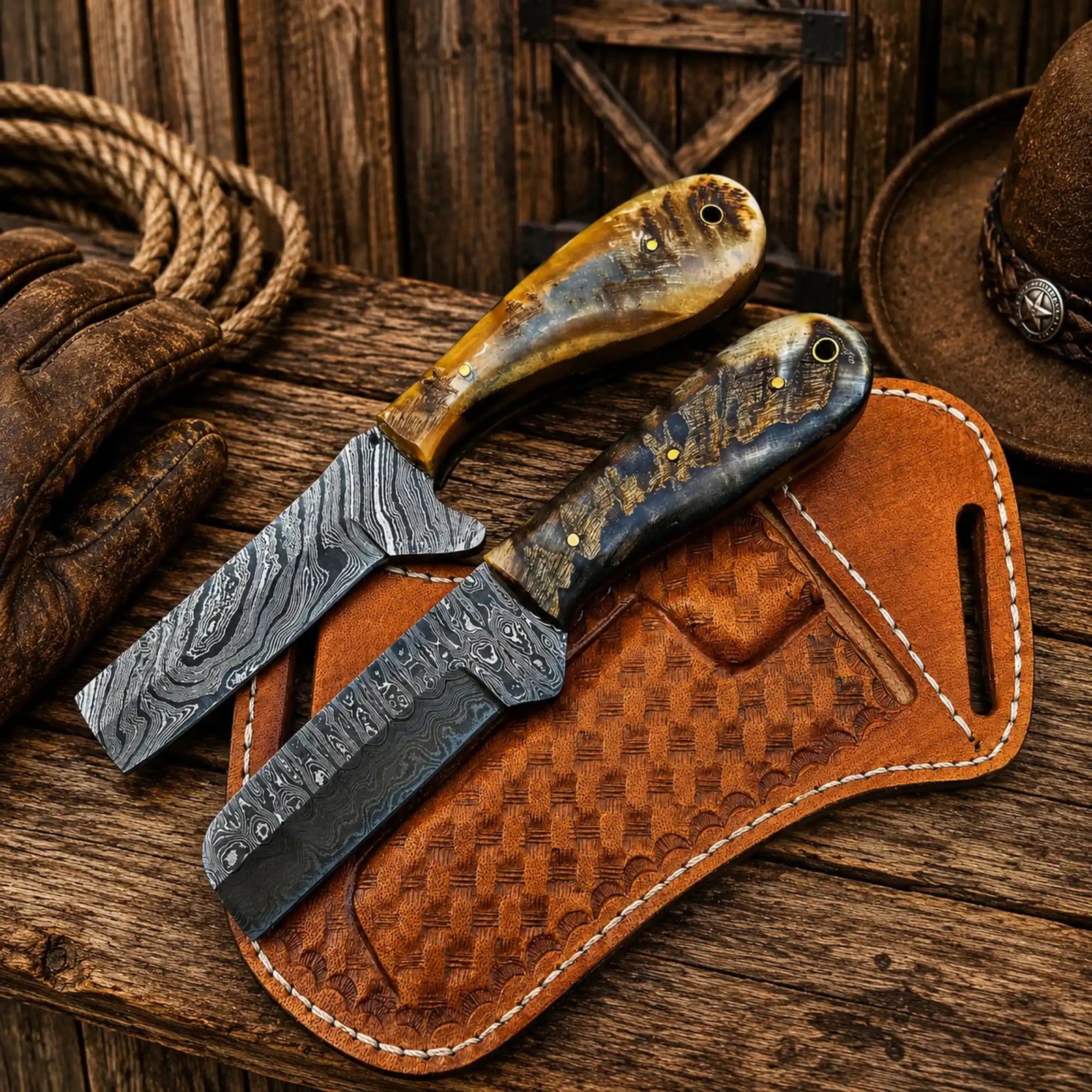 Western Cattleman Bull Cutter Knife Set – Handmade Damascus Skinning & Ranch Blades - SHAM KNIVESCowboy KnifeSHAM KNIVESHandmade bull cutter knives inspired by traditional cattleman tools.