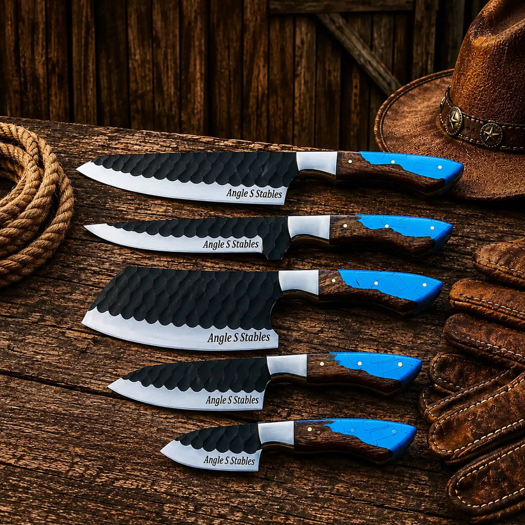 Western Chef Knife Set – D2 Steel Turquoise & Wood Handles - SHAM KNIVESchef knifeSHAM KNIVESWestern chef knife set with D2 steel blades and turquoise wood handles.