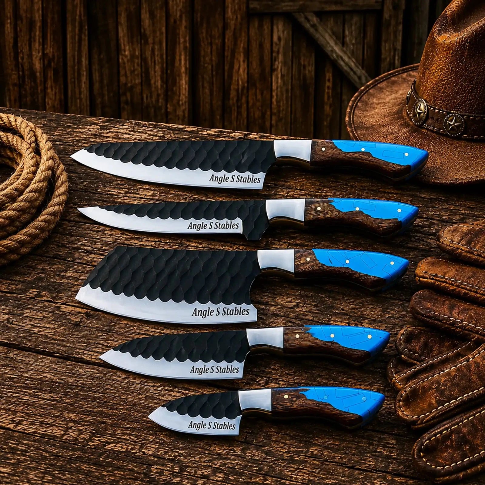 Western Chef Knife Set – D2 Steel Turquoise & Wood Handles - SHAM KNIVESchef knifeSHAM KNIVESWestern chef knife set with D2 steel blades and turquoise wood handles.