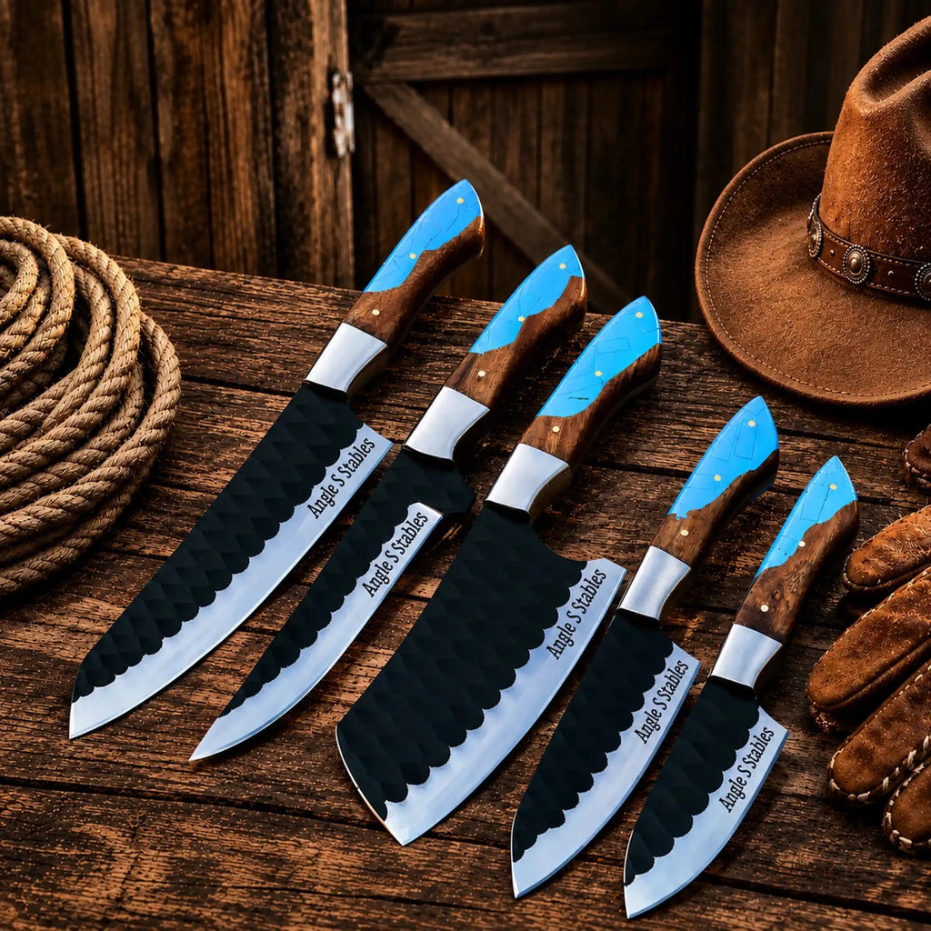 Western Chef Knife Set – D2 Steel Turquoise & Wood Handles - SHAM KNIVESchef knifeSHAM KNIVESHandmade cowboy chef knife set featuring black hammered blades.