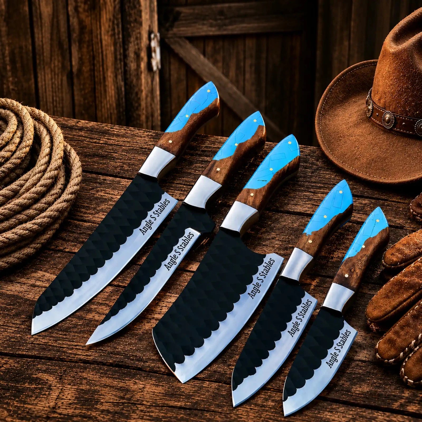 Western Chef Knife Set – D2 Steel Turquoise & Wood Handles - SHAM KNIVESchef knifeSHAM KNIVESHandmade cowboy chef knife set featuring black hammered blades.