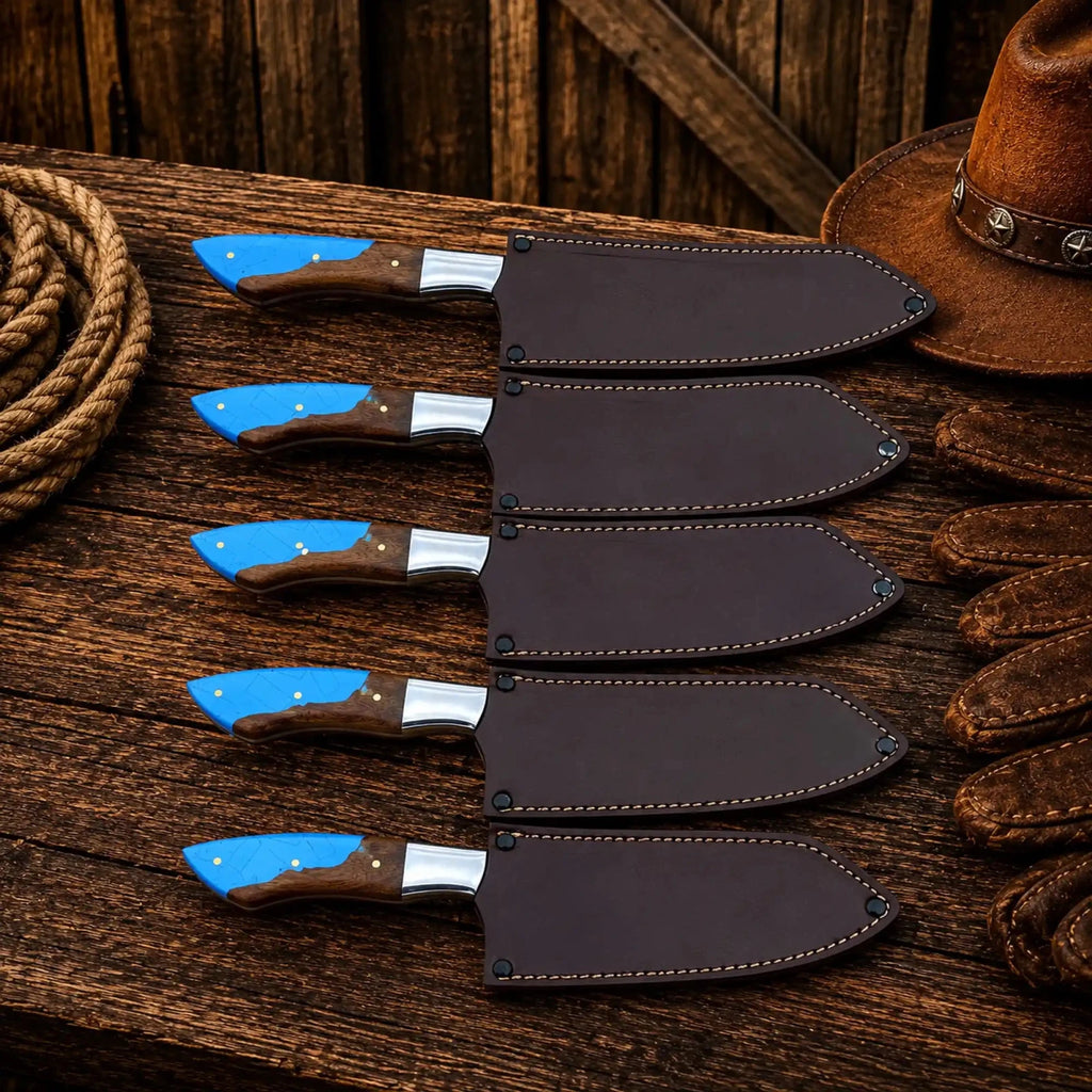Western Chef Knife Set – D2 Steel Turquoise & Wood Handles - SHAM KNIVESchef knifeSHAM KNIVESProfessional kitchen knife set with turquoise resin and wood handles leather sheath