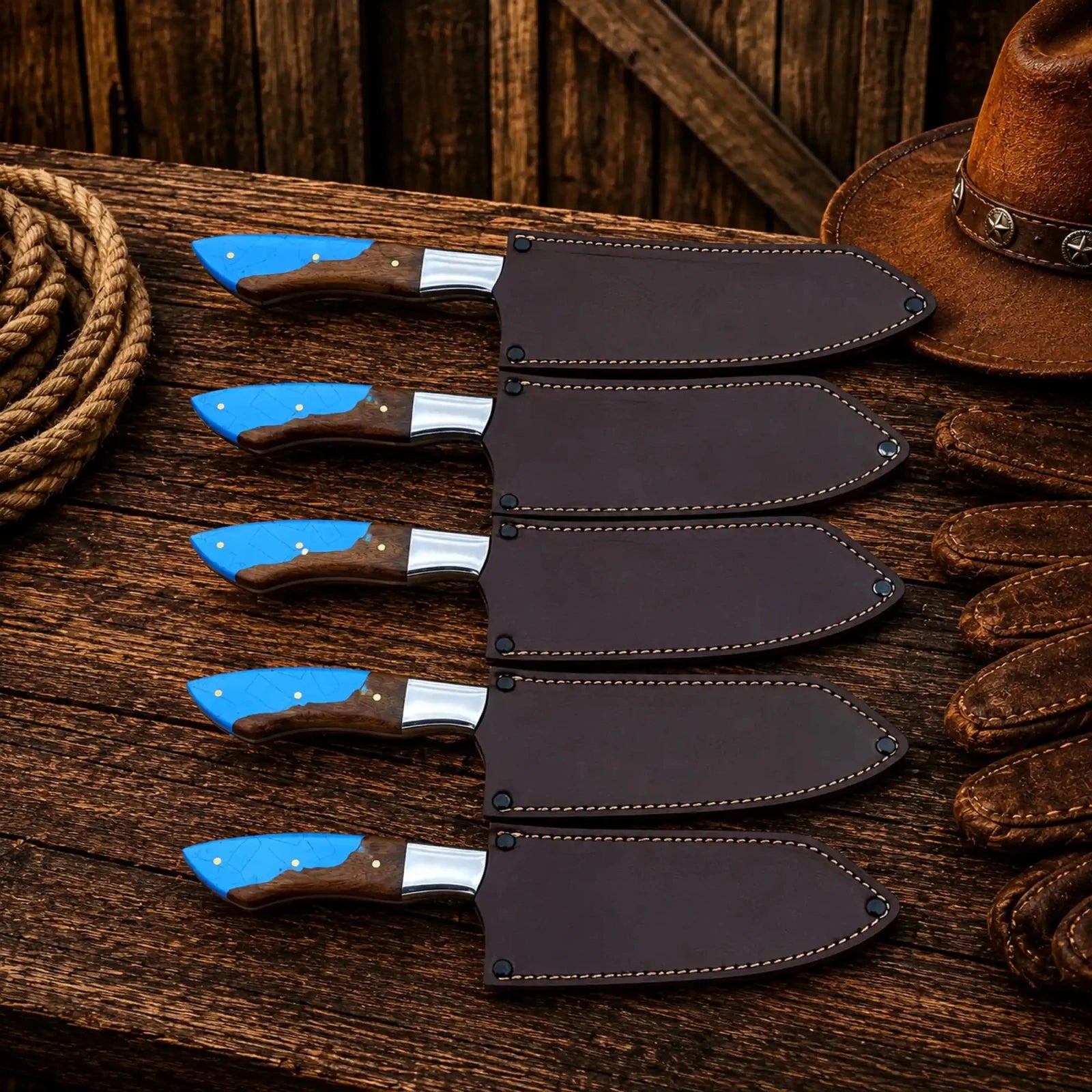 Western Chef Knife Set – D2 Steel Turquoise & Wood Handles - SHAM KNIVESchef knifeSHAM KNIVESProfessional kitchen knife set with turquoise resin and wood handles leather sheath