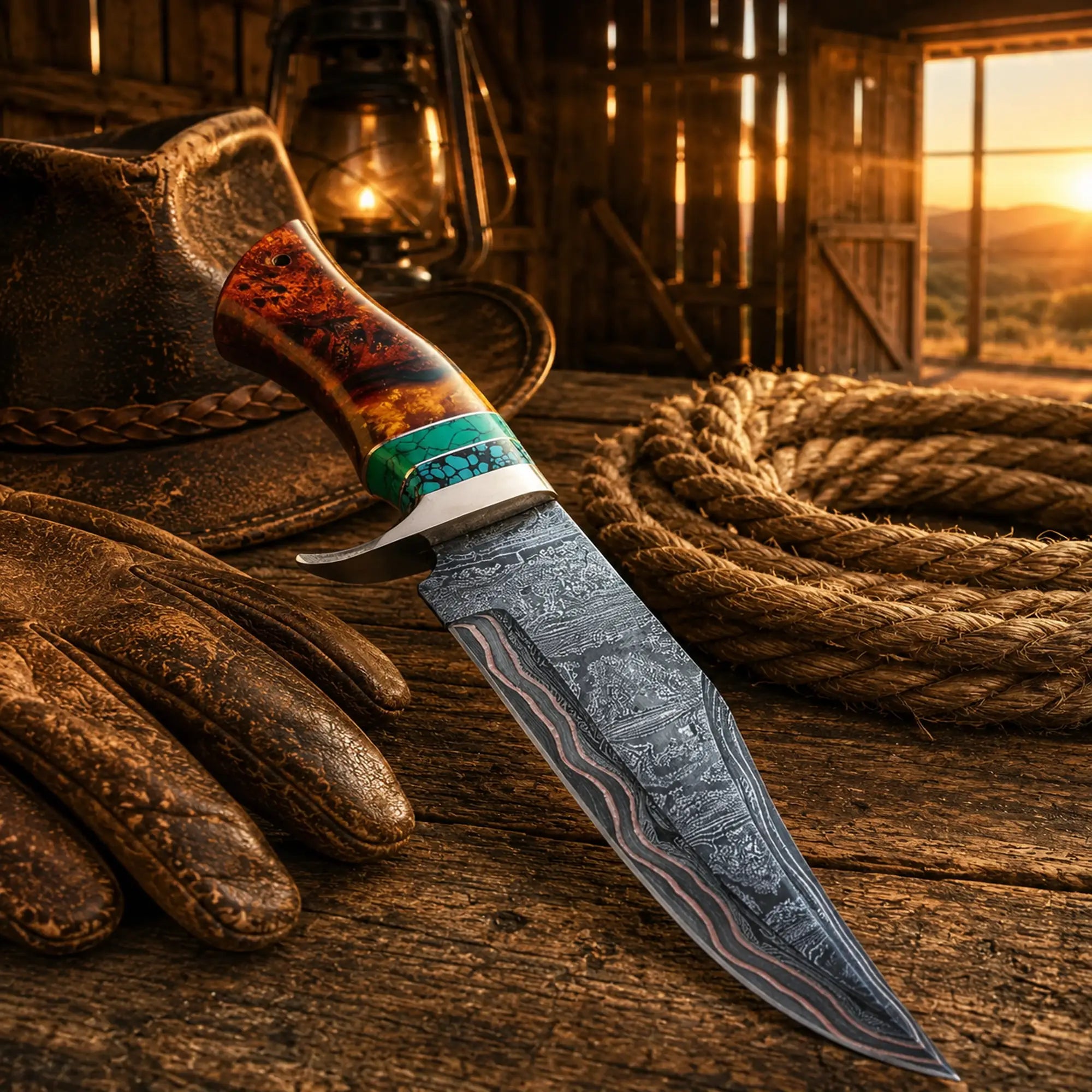 Western-style Copper Damascus Bowie knife for outdoor use
