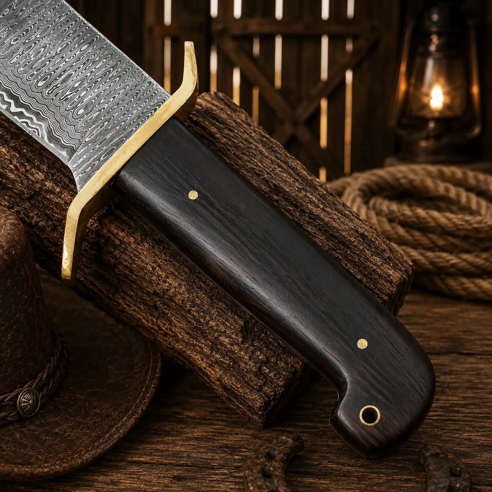 Western Cowboy Bowie Knife – Damascus Steel Wenge Wood Handle - SHAM KNIVESBowie knifeSHAM KNIVESPremium Western hunting Bowie knife on rustic wooden background wenge wood handle close-up