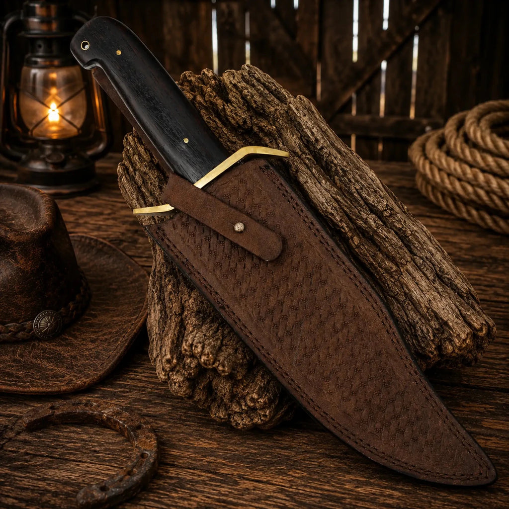 Western Cowboy Bowie Knife – Damascus Steel Wenge Wood Handle - SHAM KNIVESBowie knifeSHAM KNIVESDamascus steel Western Bowie knife for collectors and outdoorsmen with leather sheath