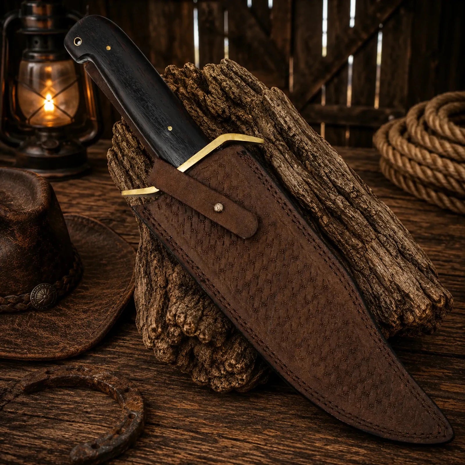 Western Cowboy Bowie Knife – Damascus Steel Wenge Wood Handle - SHAM KNIVESBowie knifeSHAM KNIVESDamascus steel Western Bowie knife for collectors and outdoorsmen with leather sheath