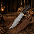 Western Cowboy Bowie Knife – Damascus Steel Wenge Wood Handle - SHAM KNIVESBowie knifeSHAM KNIVESWestern Cowboy Bowie Knife with Damascus steel blade and Wenge wood handle with leather sheath
