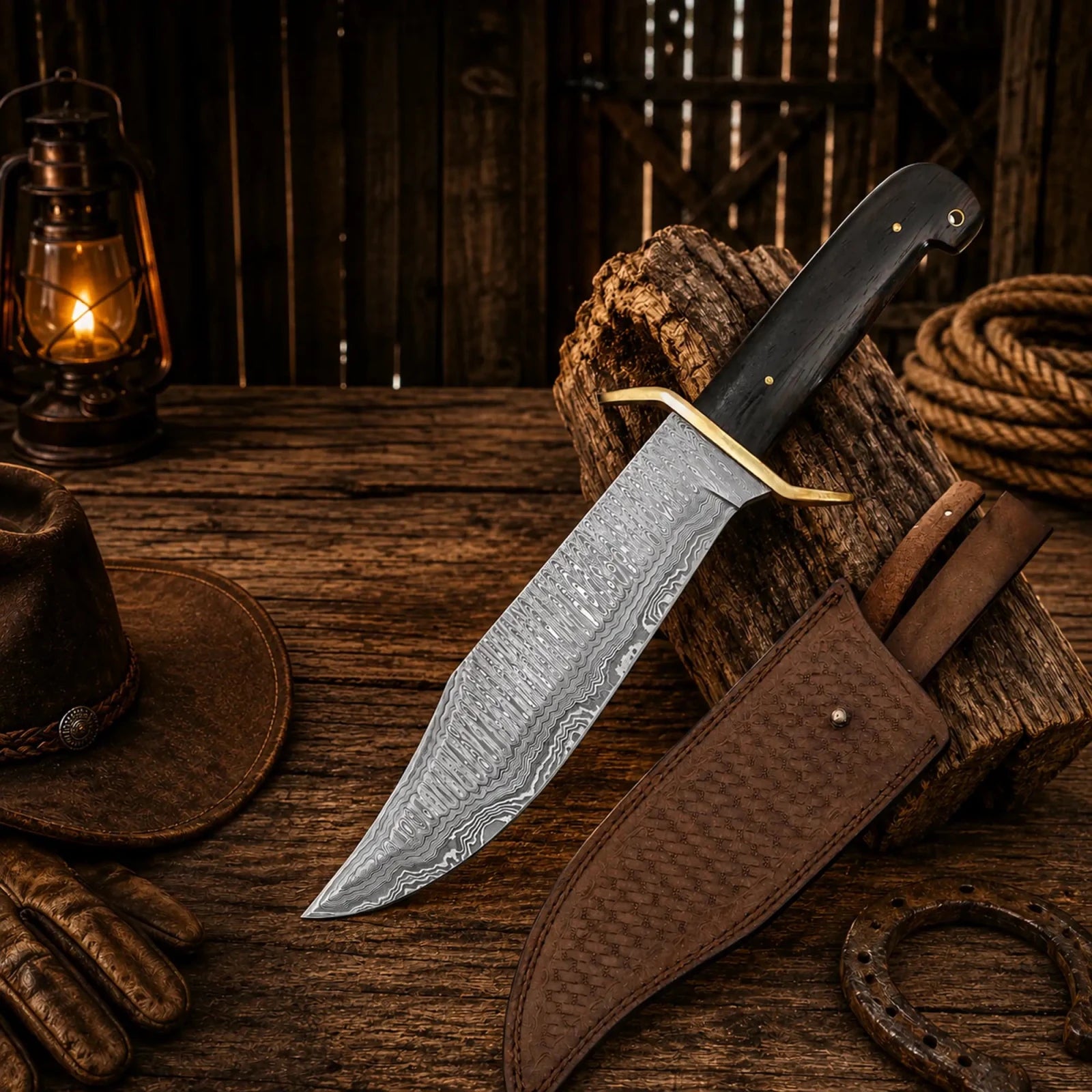 Western Cowboy Bowie Knife – Damascus Steel Wenge Wood Handle - SHAM KNIVESBowie knifeSHAM KNIVESWestern Cowboy Bowie Knife with Damascus steel blade and Wenge wood handle with leather sheath