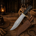 Western Cowboy Bowie Knife with Damascus steel blade and Wenge wood handle with leather sheath