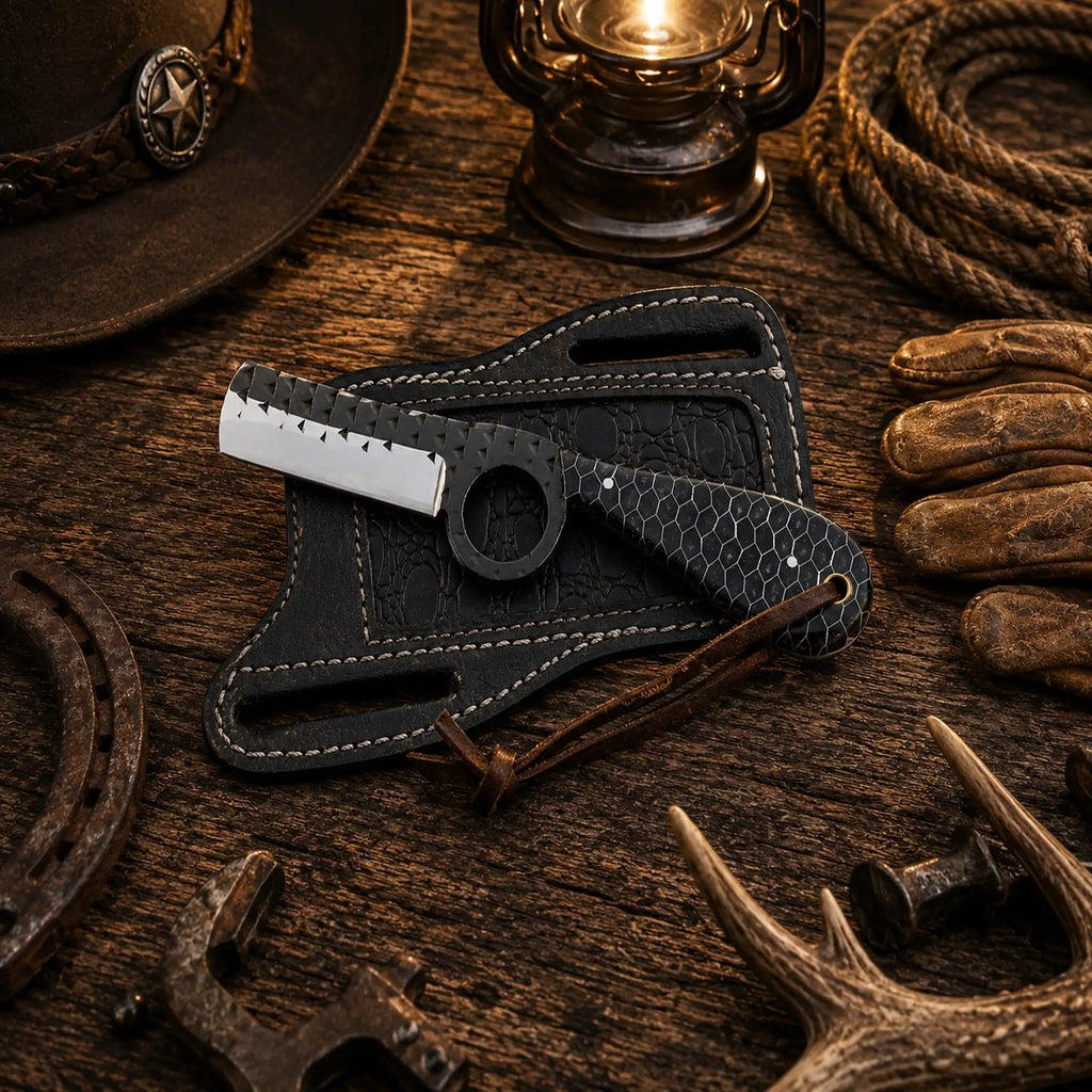 Western cowboy fixed blade knife with front pancake leather sheath