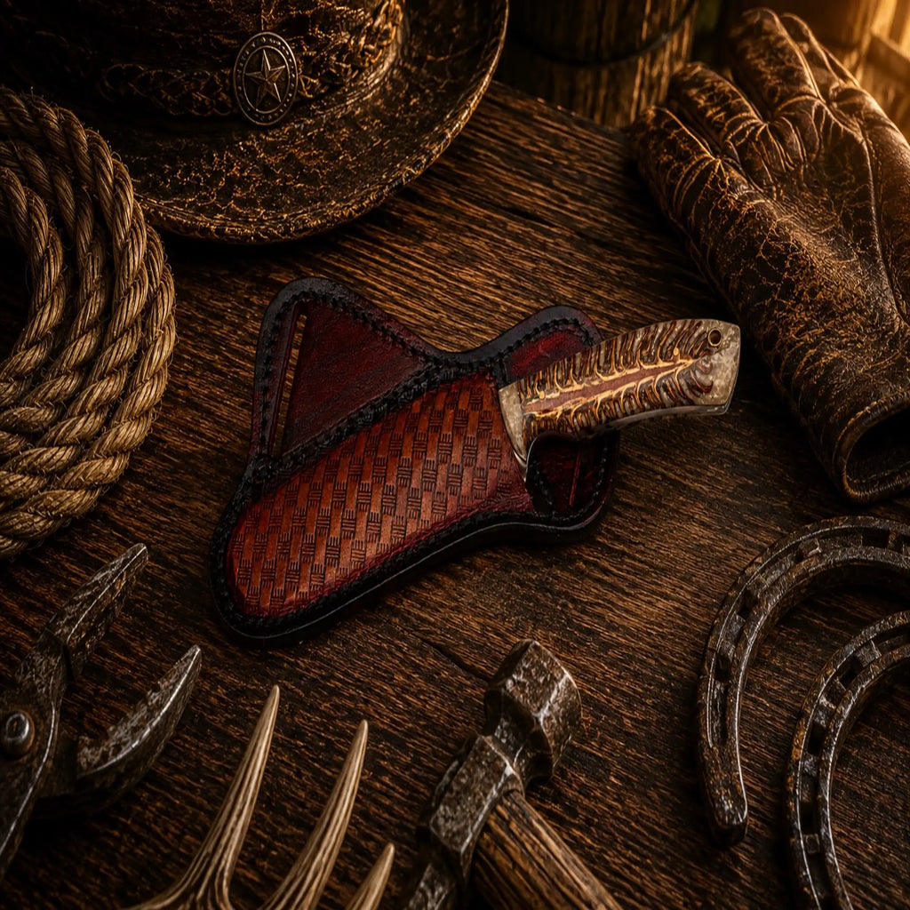 Handmade D2 steel cowboy field knife with cross-draw leather sheath