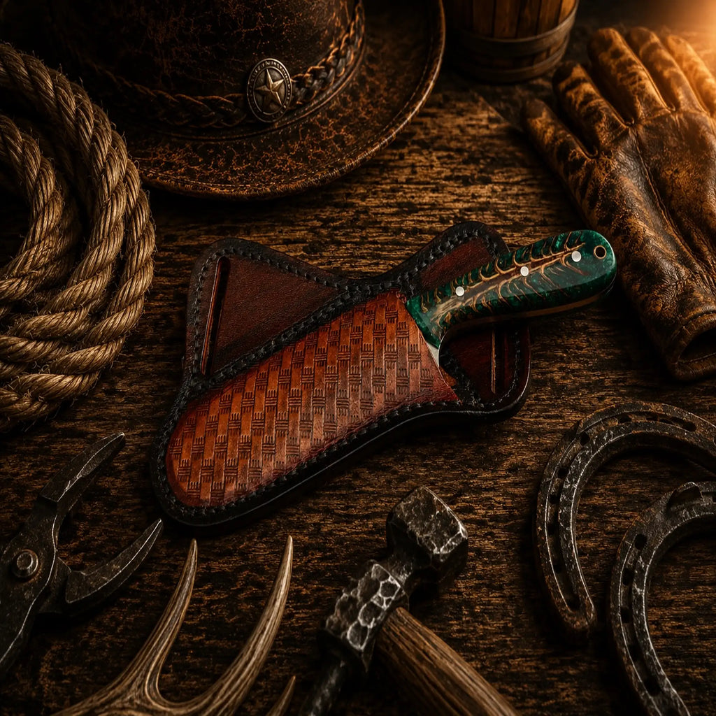 D2 steel fixed blade knife with handcrafted leather pancake sheath