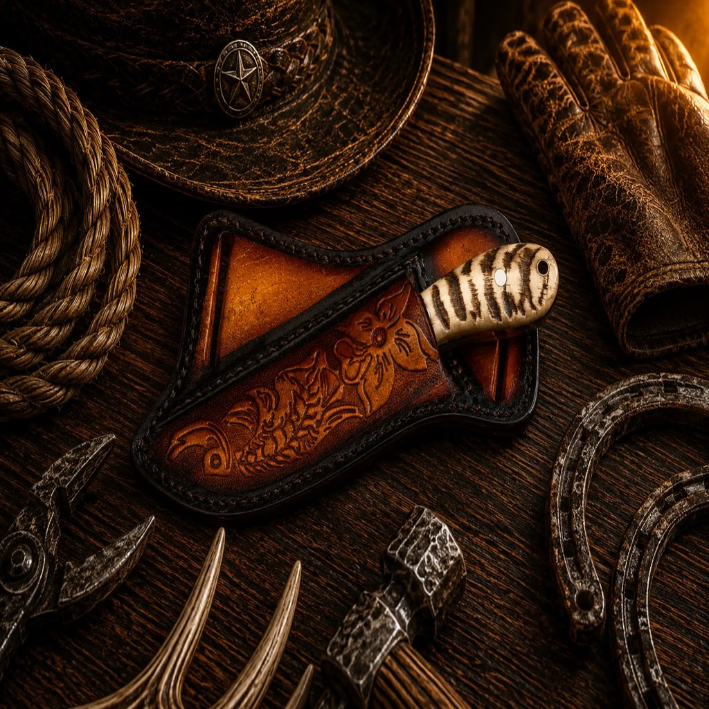 D2 powder coated cowboy fixed blade knife with handcrafted leather sheath.