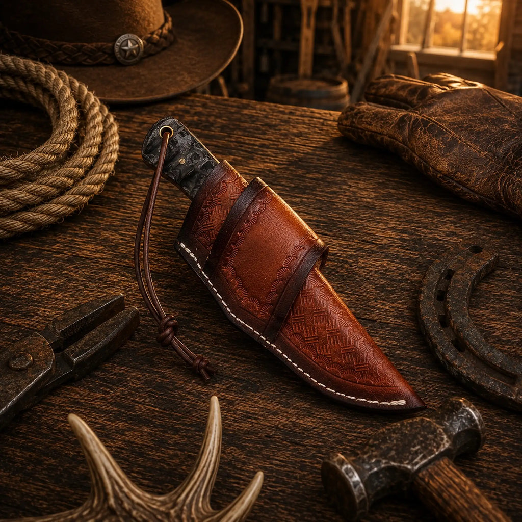 Full-tang ranch hunting knife featuring a textured Pakka wood handle and leather belt carry.