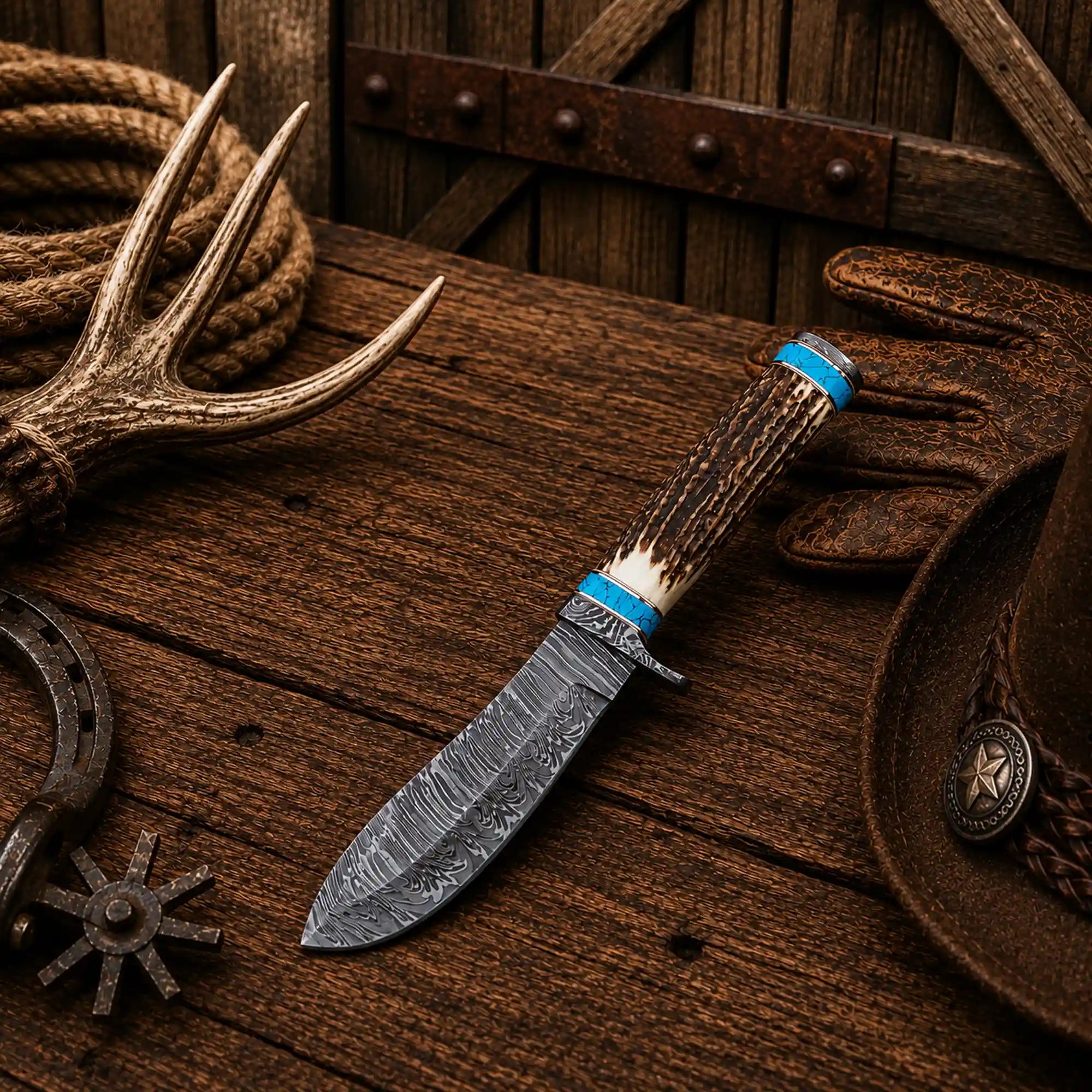 Handmade Western Cowboy Hunting Knife with a 5-inch Fire Damascus blade, natural stag antler handle, turquoise inlay, and hand-stitched leather sheath.