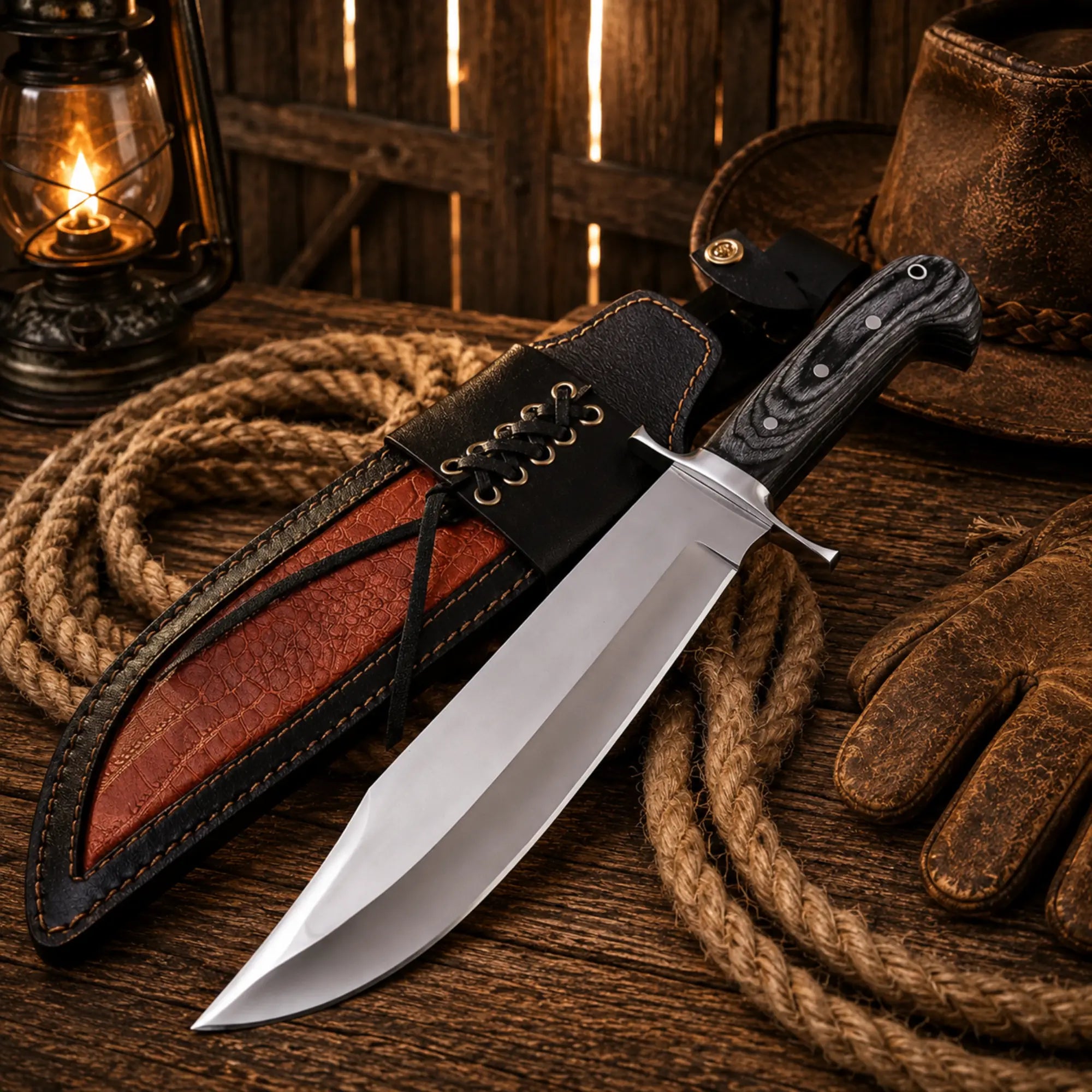 Cowboy style hunting knife with Pakka wood handle on rustic barn background
