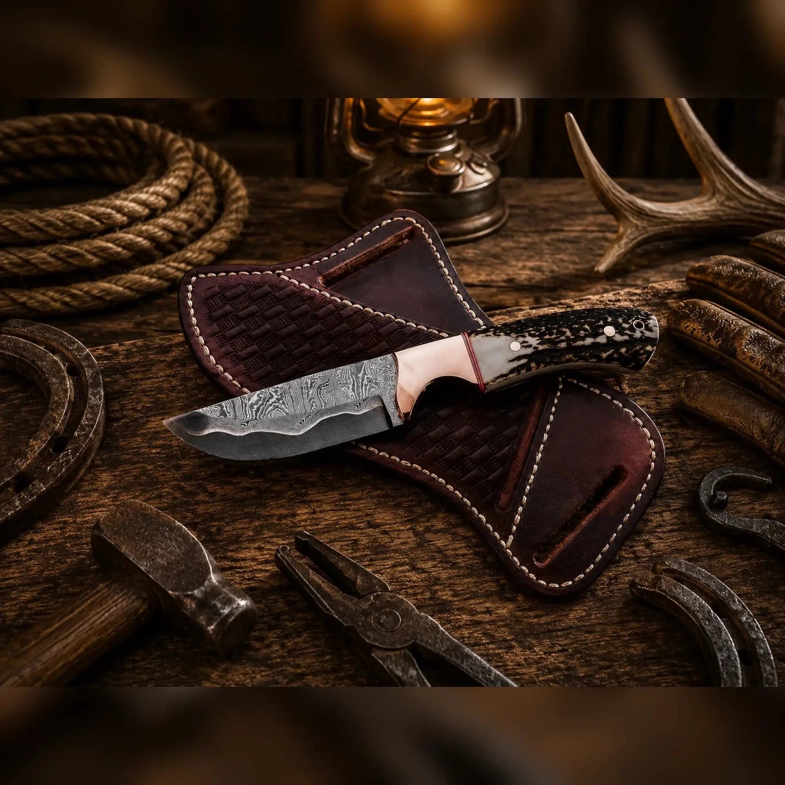 Sham Knives Copper Damascus fixed blade with stag horn handle with cross draw leather belt sheath