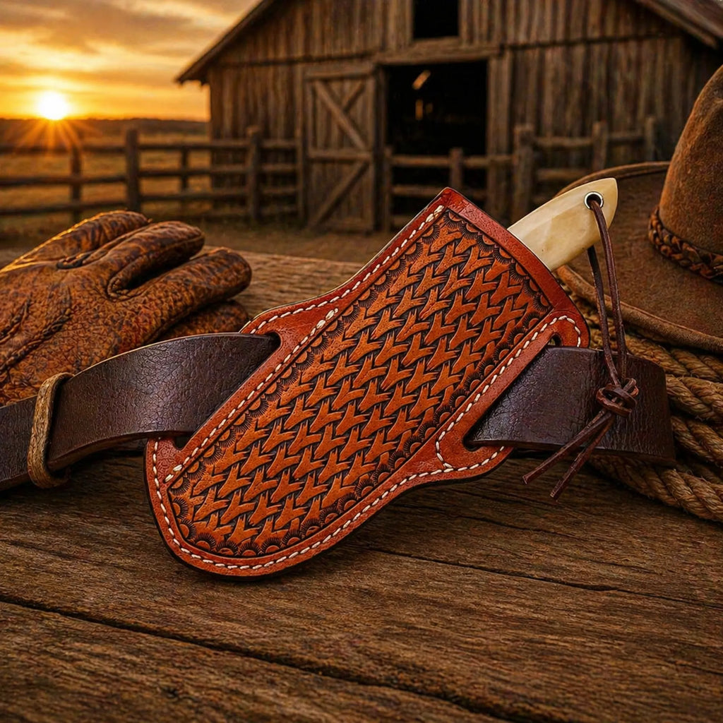 Western EDC knife with bone handle and Damascus pattern blade