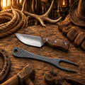 Handmade Western Cowboy knife and fork set with rasp steel blade and walnut wood handle and leather sheath