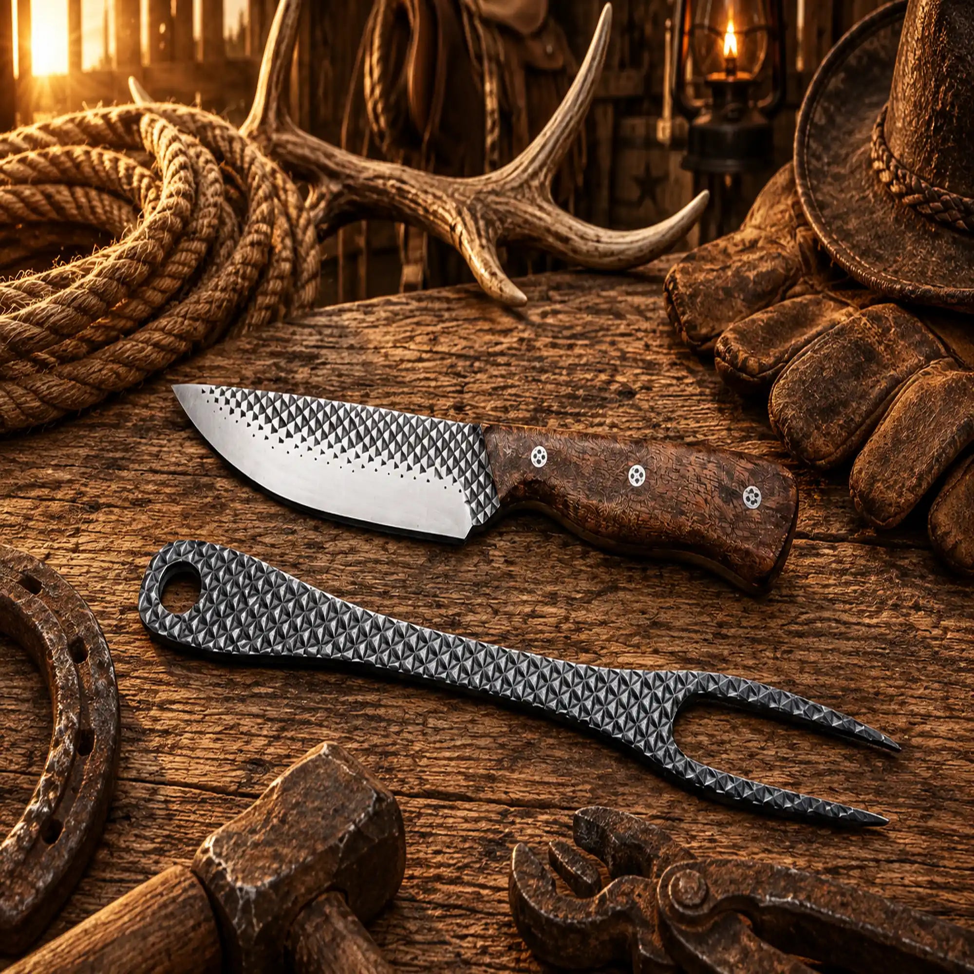 Handmade Western Cowboy knife and fork set with rasp steel blade and walnut wood handle and leather sheath
