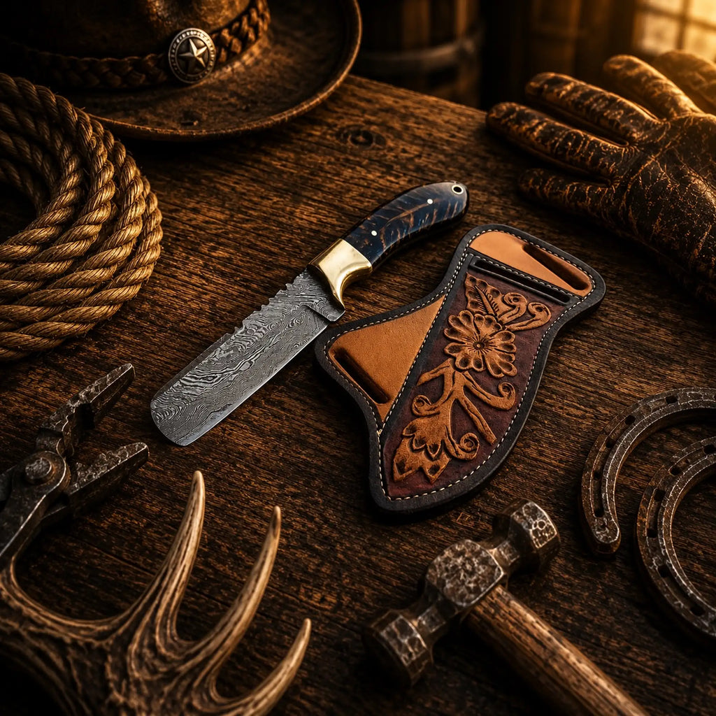 Western bull cutter knife displayed beside a floral cross-draw leather sheath