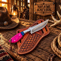 Western cowboy skinning knife with pink stone-style handle