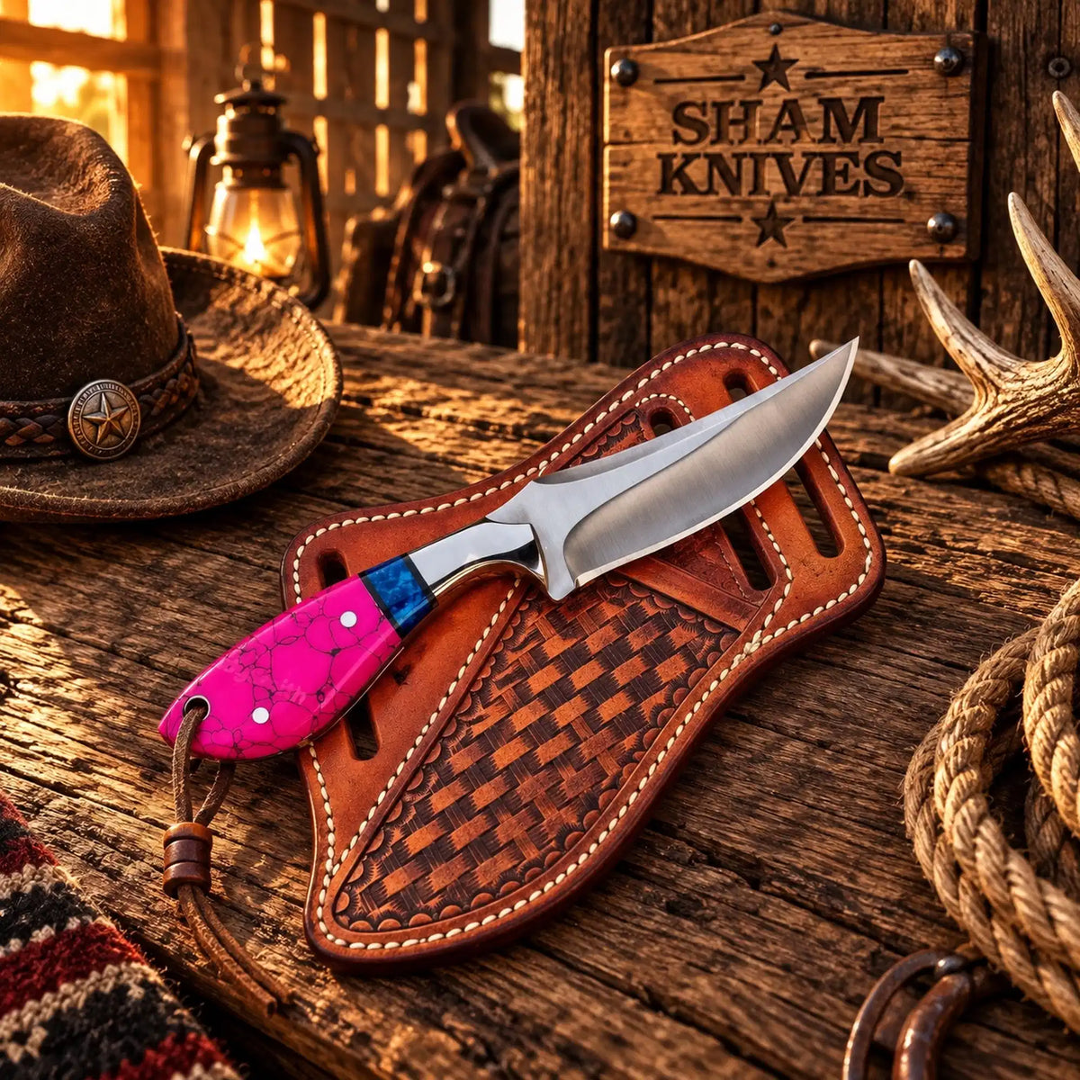 Western cowboy skinning knife with pink stone-style handle