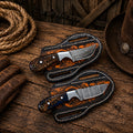 Western Cross Draw Knife Set with Damascus Steel & Pinecone Handles - SHAM KNIVESCowboy KnifeSHAM KNIVESHandmade cross draw cowboy knife set with Damascus steel blades and pinecone handles back belt sheath